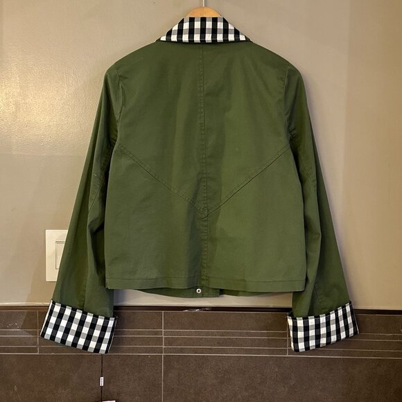 Avec Les Filles Cotton-Blend Gingham Trim Cape Jacket (Olive Green) - Picture 13 of 16